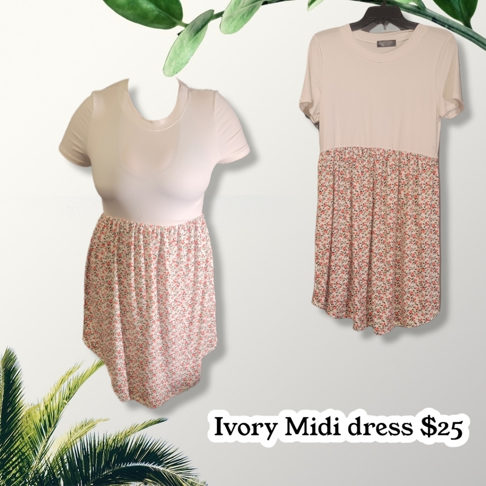 Ivory Short Sleeve Floral Midi Dress